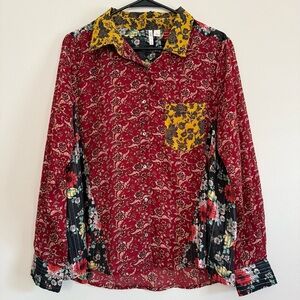 Cato Yellow and Black Boho Floral Patchwork Shirt Blouse Size Large